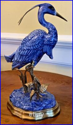 Danny's Fine Porcelain Blue/White EGRET Figurine with Bronze Ormolu, 12, Mint
