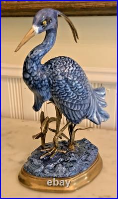 Danny's Fine Porcelain Blue/White EGRET Figurine with Bronze Ormolu, 12, Mint