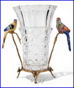 Elegant Crystal Vase. Bronze Base, Branches. Hand Painted Porcelain Birds (13H)