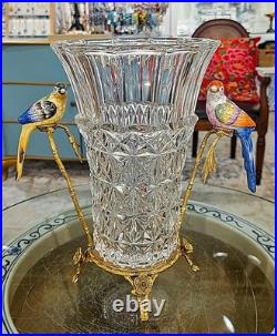 Elegant Crystal Vase. Bronze Base, Branches. Hand Painted Porcelain Birds (13H)