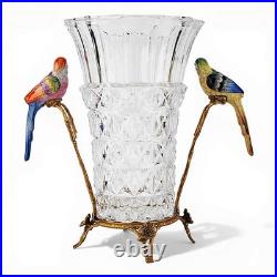 Elegant Crystal Vase. Bronze Base, Branches. Hand Painted Porcelain Birds (13H)