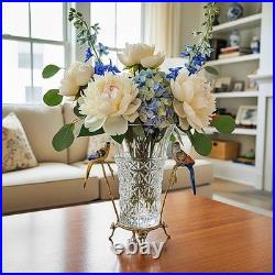 Elegant Crystal Vase. Bronze Base, Branches. Hand Painted Porcelain Birds (13H)
