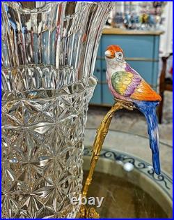 Elegant Crystal Vase. Bronze Base, Branches. Hand Painted Porcelain Birds (13H)