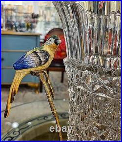 Elegant Crystal Vase. Bronze Base, Branches. Hand Painted Porcelain Birds (13H)