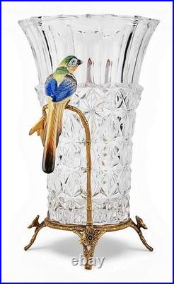 Elegant Crystal Vase. Bronze Base, Branches. Hand Painted Porcelain Birds (13H)