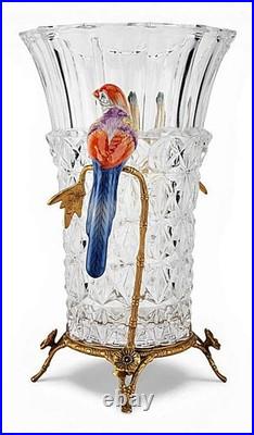 Elegant Crystal Vase. Bronze Base, Branches. Hand Painted Porcelain Birds (13H)