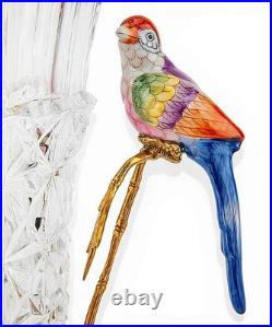 Elegant Crystal Vase. Bronze Base, Branches. Hand Painted Porcelain Birds (13H)