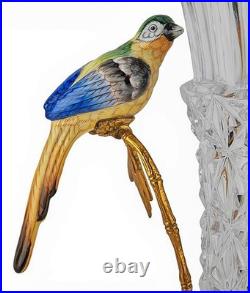 Elegant Crystal Vase. Bronze Base, Branches. Hand Painted Porcelain Birds (13H)