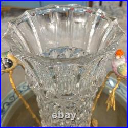 Elegant Crystal Vase. Bronze Base, Branches. Hand Painted Porcelain Birds (13H)
