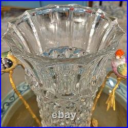 Elegant Crystal Vase. Bronze Base, Branches. Hand Painted Porcelain Birds (13H)