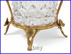 Elegant Crystal Vase. Bronze Base, Branches. Hand Painted Porcelain Birds (13H)