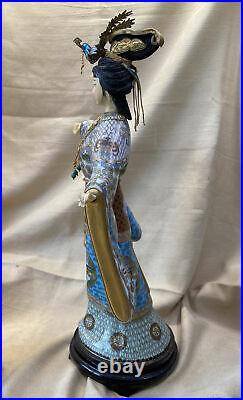 Elegant Porcelain and Cloisonné Figure / Statuette of Woman Feeding Perched Bird