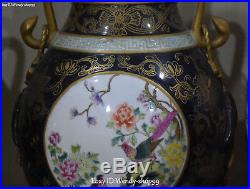 Enamel Color Porcelain Magpie Bird Plum Tree Vase Bottle Jardiniere Flask Pair