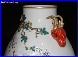 Enamel Porcelain Gilt Tree Red-crowned Crane Bird Deer Head Vase Bottle Jar Pair