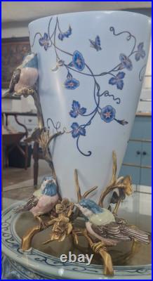 Exquisite Bronze Ormolu Birds and Branch Porcelain Vase Morning Glory-12''H