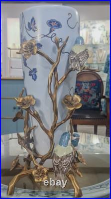 Exquisite Bronze Ormolu Birds and Branch Porcelain Vase Morning Glory-12''H
