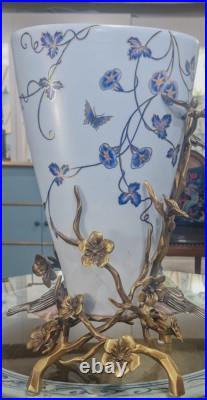 Exquisite Bronze Ormolu Birds and Branch Porcelain Vase Morning Glory-12''H