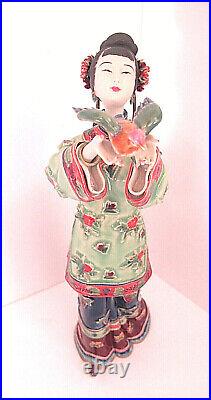 Exquisite Chinese Wucai Shiwan Porcelain 12 FigurineWoman Holding BirdSigned