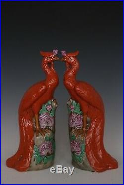Fine Beautiful Chinese Pair Famille Rose Porcelain Peacock Statues
