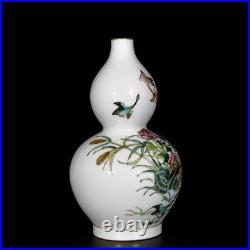 Fine Collectable Art Hand Painting Famille Rose Porcelain Bird Calabash Vase