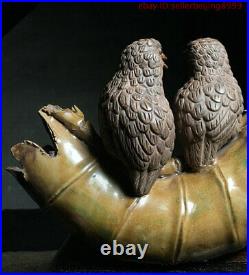 Folk China Culture Pottery WuCai Porcelain Auspicious Two Bird Bamboo Statue