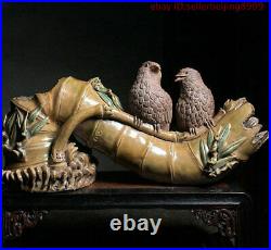 Folk China Culture Pottery WuCai Porcelain Auspicious Two Bird Bamboo Statue