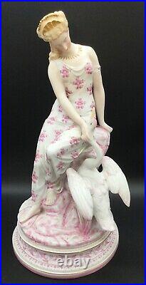 German Bisque Dresden Figurine Lady Swan Statue Porcelain Ceramic Goose Bird