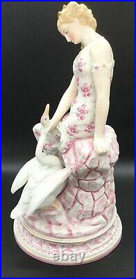 German Bisque Dresden Figurine Lady Swan Statue Porcelain Ceramic Goose Bird