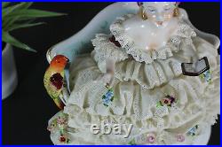 German SAx porcelain lace Sculpture statue figurine lady parrot bird marked