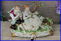 German unterweissbach marked lace porcelain group statue sheep bird couple