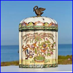 Ginger Jar Chinese Porcelain Swan Lid Crackle Glaze Birds Floral Decor Elegant