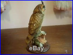 Great Horned Owl Handcrafted 12 Porcelain Figurine Statue On Wood Stand Signed