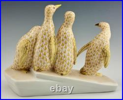 HEREND Excellent Penguins on Ice Butterscotch Fishnet Figurine