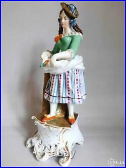 Heavy Antique 19th Century Porcelain Statue Girl Bird France Old Figurine Hand