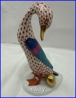 Herend Goose with Golden Egg. Porcelain Rust Fishnet 7.5