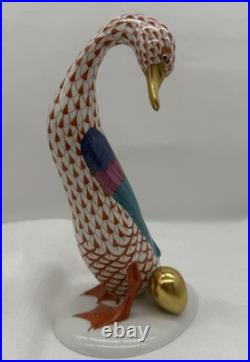 Herend Goose with Golden Egg. Porcelain Rust Fishnet 7.5