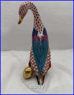 Herend Goose with Golden Egg. Porcelain Rust Fishnet 7.5