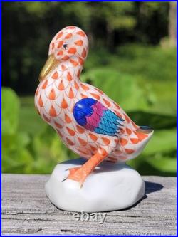 Herend Hand Painted Porcelain Figurine Duck Rust Fishnet 24k Gold Accents