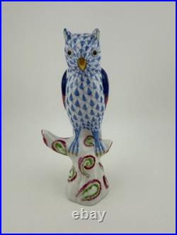 Herend Owl on Branch Blue Fishnet Figurine 5103 Wild Animal Collection Hungary