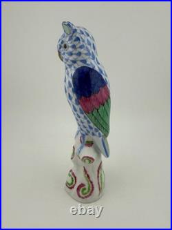 Herend Owl on Branch Blue Fishnet Figurine 5103 Wild Animal Collection Hungary