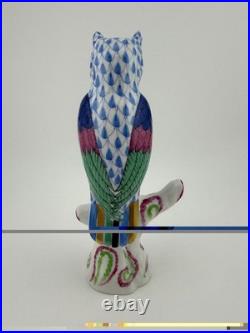 Herend Owl on Branch Blue Fishnet Figurine 5103 Wild Animal Collection Hungary
