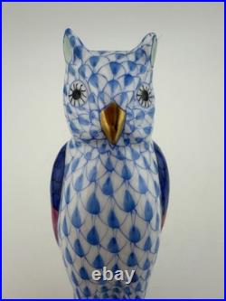 Herend Owl on Branch Blue Fishnet Figurine 5103 Wild Animal Collection Hungary