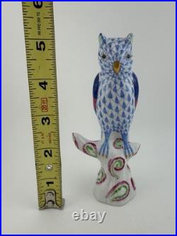 Herend Owl on Branch Blue Fishnet Figurine 5103 Wild Animal Collection Hungary