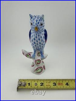 Herend Owl on Branch Blue Fishnet Figurine 5103 Wild Animal Collection Hungary