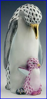 Herend Penguin with Baby Black & Rasp Fishnet Bird Figurine ($830 Retail)(MINT?)