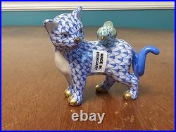 Herend The Odd Couple Cat & Bird Figure Fishnet Hand Painted 24k Gold Accents