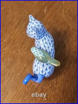 Herend The Odd Couple Cat & Bird Figure Fishnet Hand Painted 24k Gold Accents