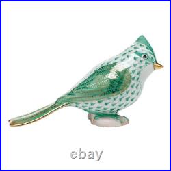 Herend, Tufted Titmouse Bird Porcelain Figurine, Green Fishnet, Flawless