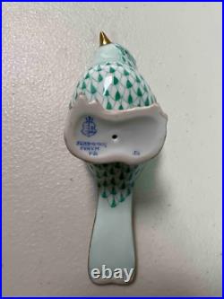 Herend, Tufted Titmouse Bird Porcelain Figurine, Green Fishnet, Flawless