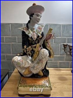 Huge Italian Porcelain Figure sculpture 25 Tall 14 Wide Asian Man With Bird